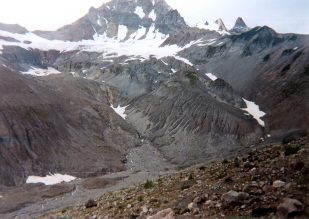Looking down on terrain leading back to Mt Garibaldi north of Elfin Lakes 1997-09.